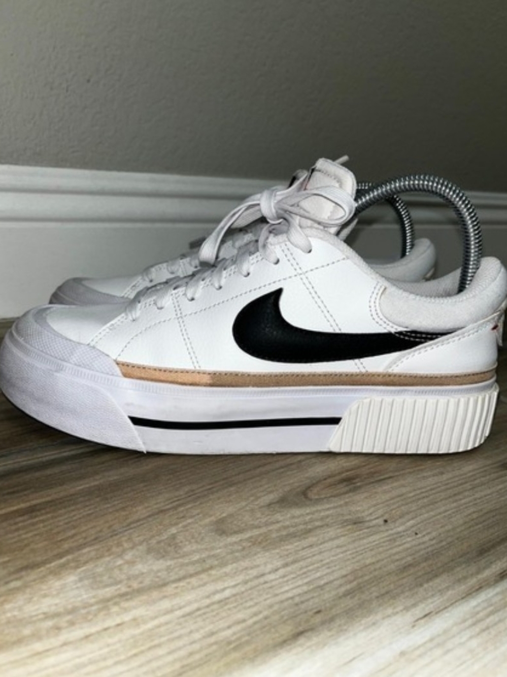 Nike Women’s Court Legacy Lift White Platform Sneakers with Black Swoosh 8